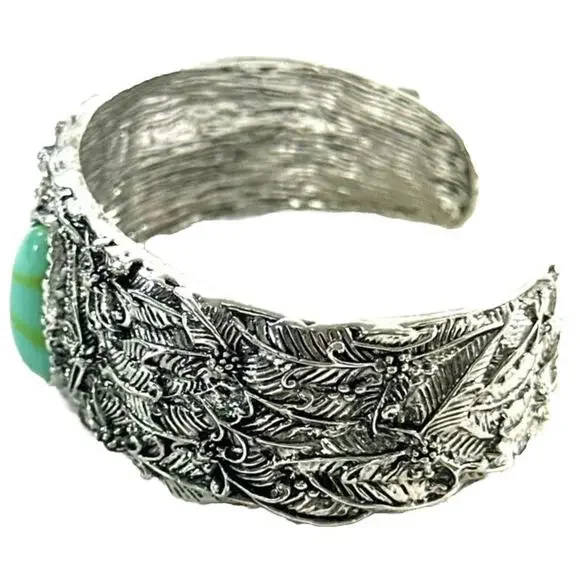 Faux Turquoise Stone Silver Open Bangle Cuff Bracelet Fashion Bracelet - Picture 2 of 5